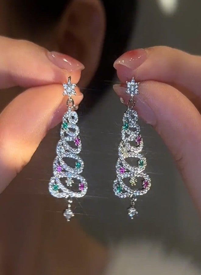 DOLLESS Christmas Snowflake Earrings for Women Sparkly CZ Winter Snowflake Pearl Tree Stud Earrings Christmas Holiday Gifts (B-Hallow-Silver) - Image 3